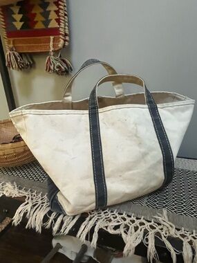 Vintage L.L.Bean 80's Sawtooth Boat And Tote Crinkle Canvas Cream Navy Large